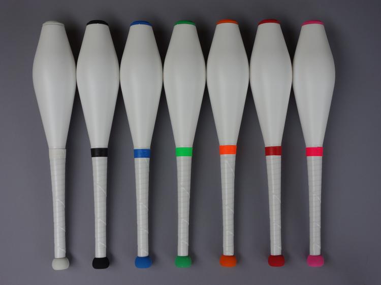 colored rubber juggling clubs